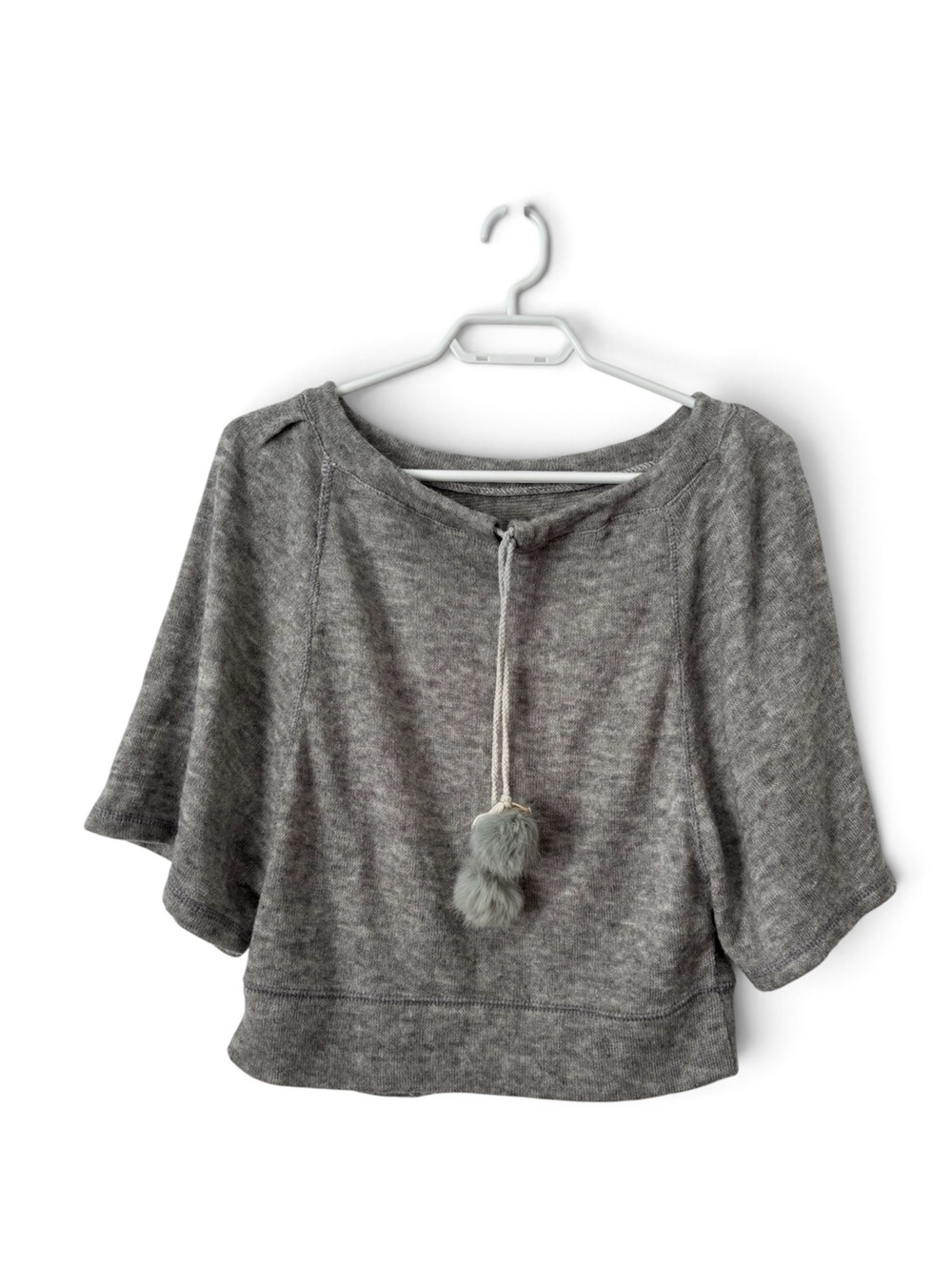 Gray Knit Pom Pom Drawstring Short Sleeve Crop Top Boat Neck Size XS
